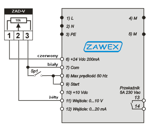 Schemat podłączenia - falownik cm-1f-0.75 - zadajnik zad-v